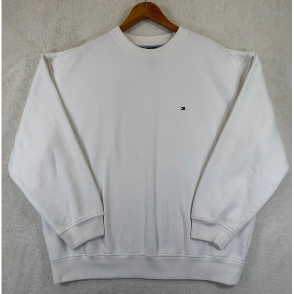 Vintage Tommy Hilfiger Mens XL White Crewneck Sweatshirt Embroidered Flag Logo